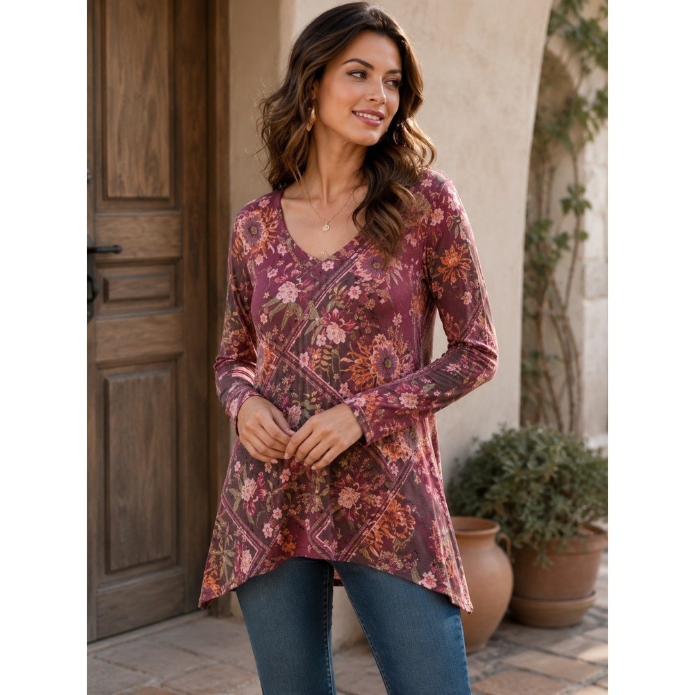 Soft Surroundings Top‎ Womens Small Red Floral Alisanna Tunic Boho Cottagecore